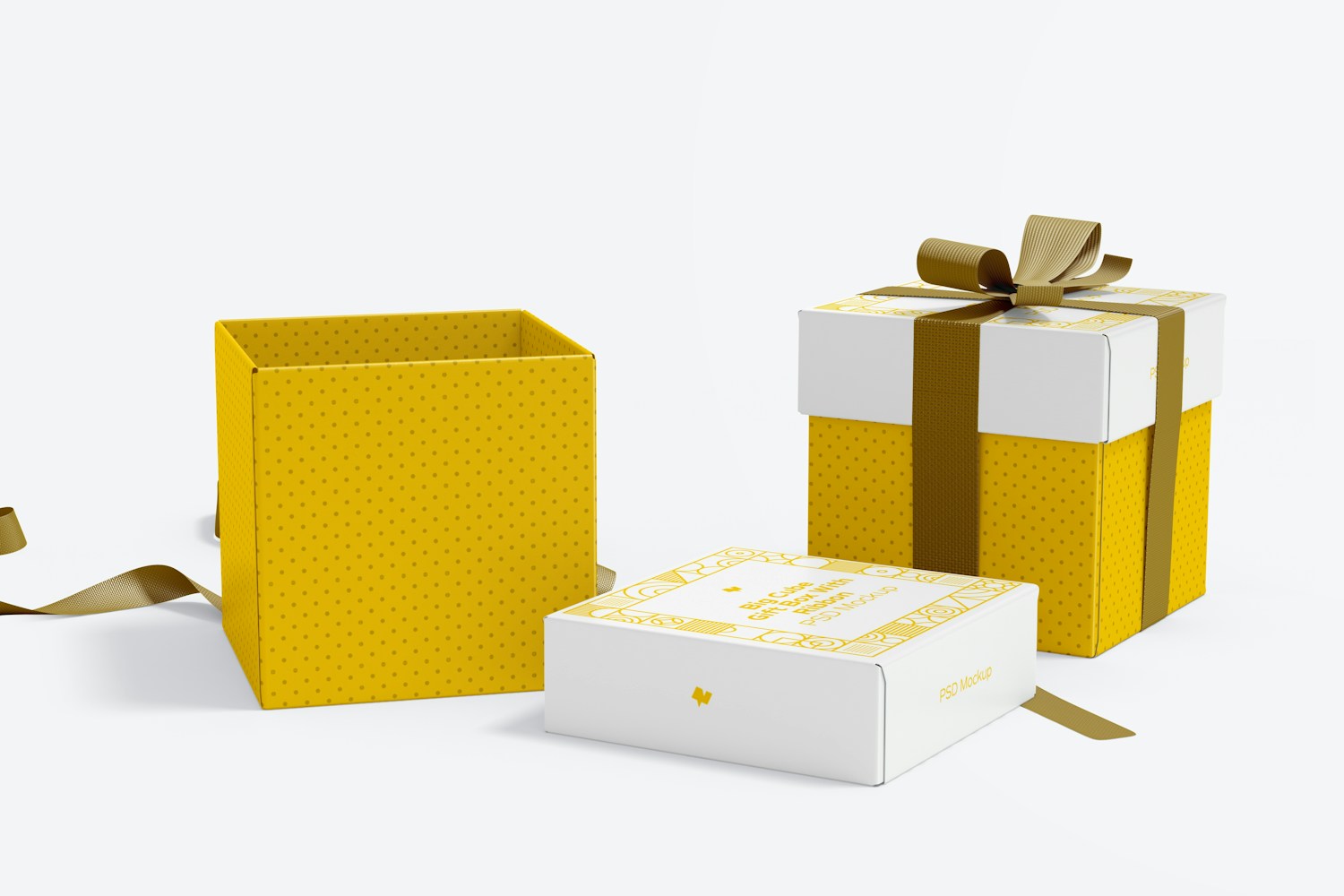 Big Cube Gift Boxes With Ribbon Mockup, Opened and Closed Big Cube Gift Boxes With Ribbon Mockup, Opened and Closed