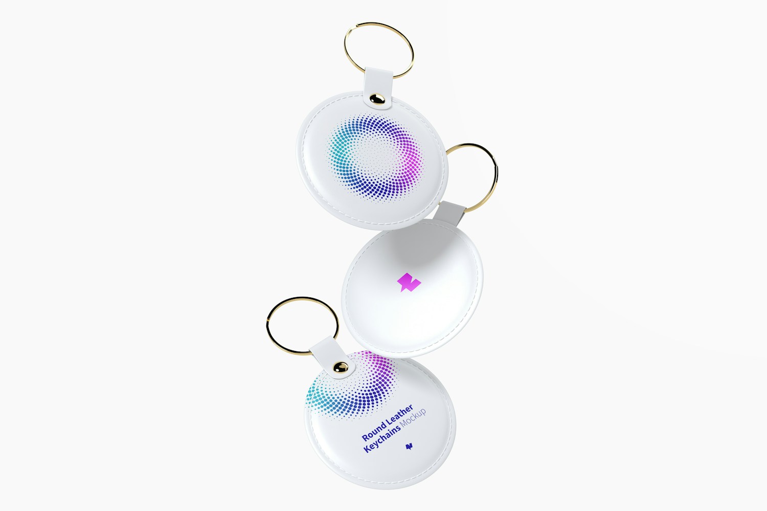 Round Leather Keychains Mockup, Falling Round Leather Keychains Mockup, Falling