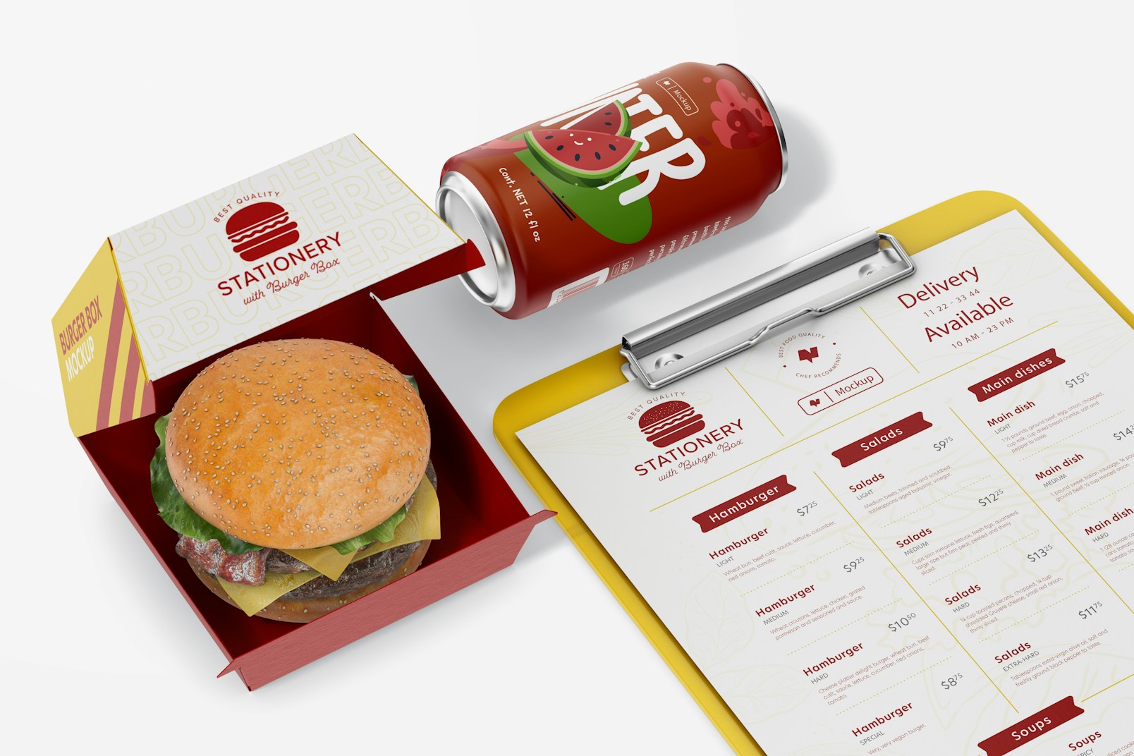 Stationery with Burger Box Mockup, Left View