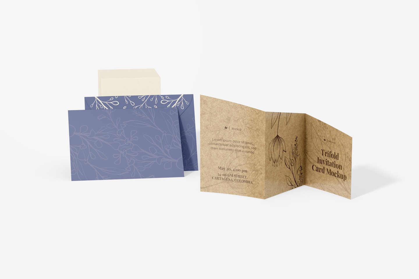 Trifold Invitation Card Mockup, with Envelopes