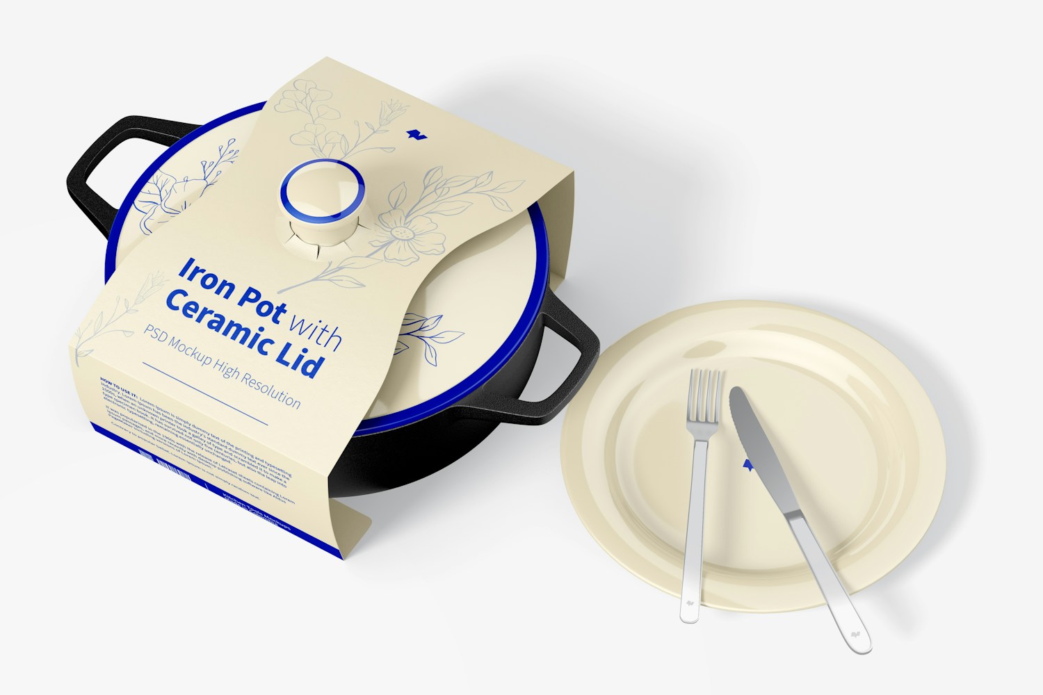 Iron Pot with Ceramic Lid Mockup, Top View Iron Pot with Ceramic Lid Mockup, Top View