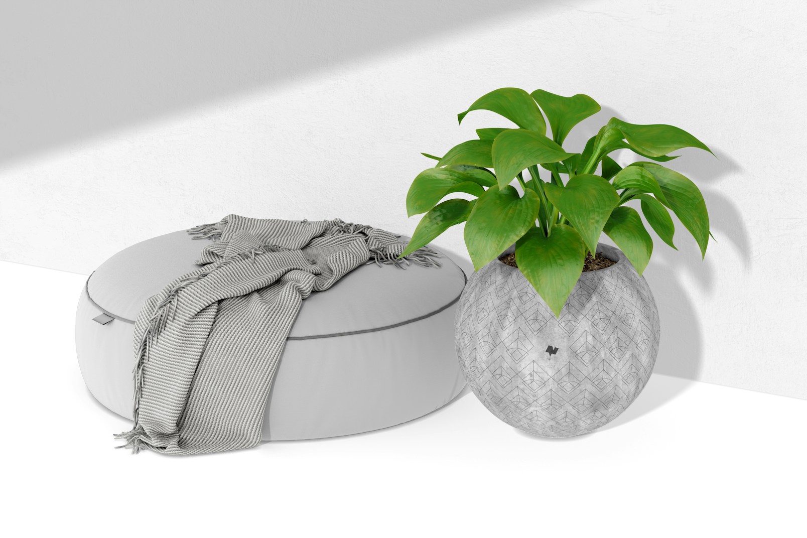 Large Round Cement Planter with Large Pouf Mockup