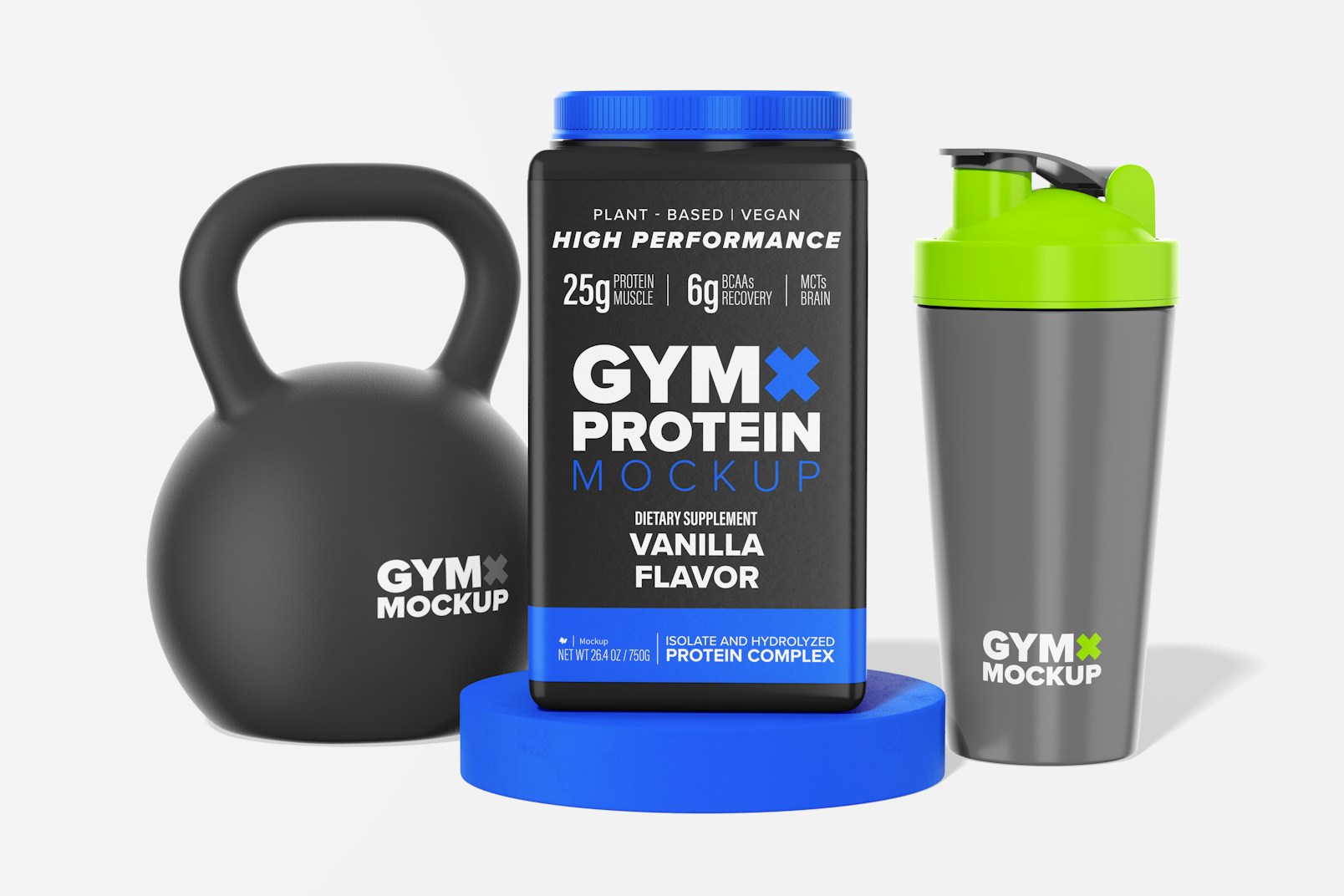 Square Protein Powder Container Mockup, with Bottle