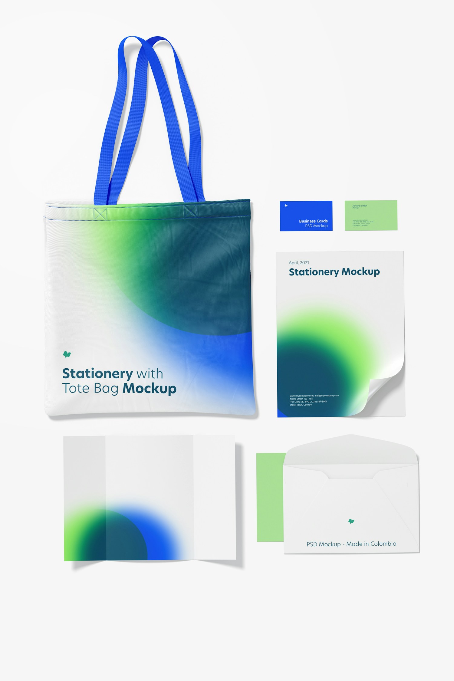 Stationery with Tote Bag Mockup, Top View