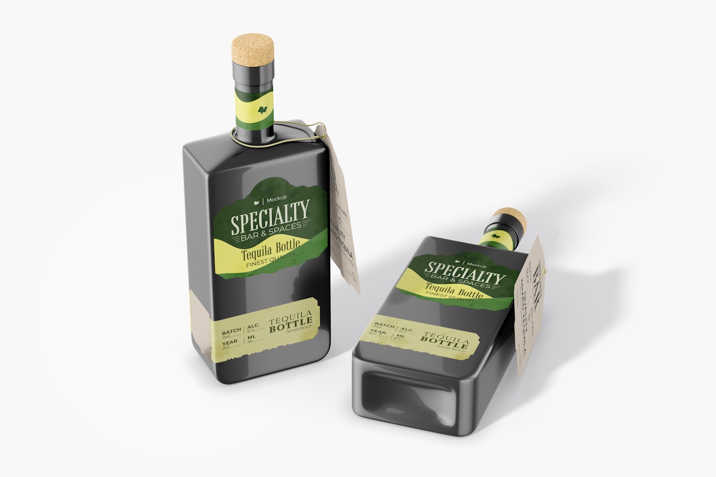 Dark Square Tequila Bottles, Standing and Dropped