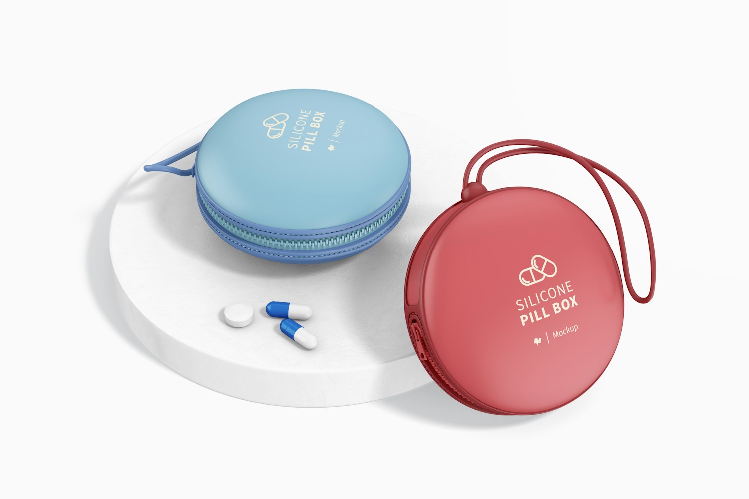Silicone Pill Boxes Mockup, on Podium Silicone Pill Boxes Mockup, on Podium