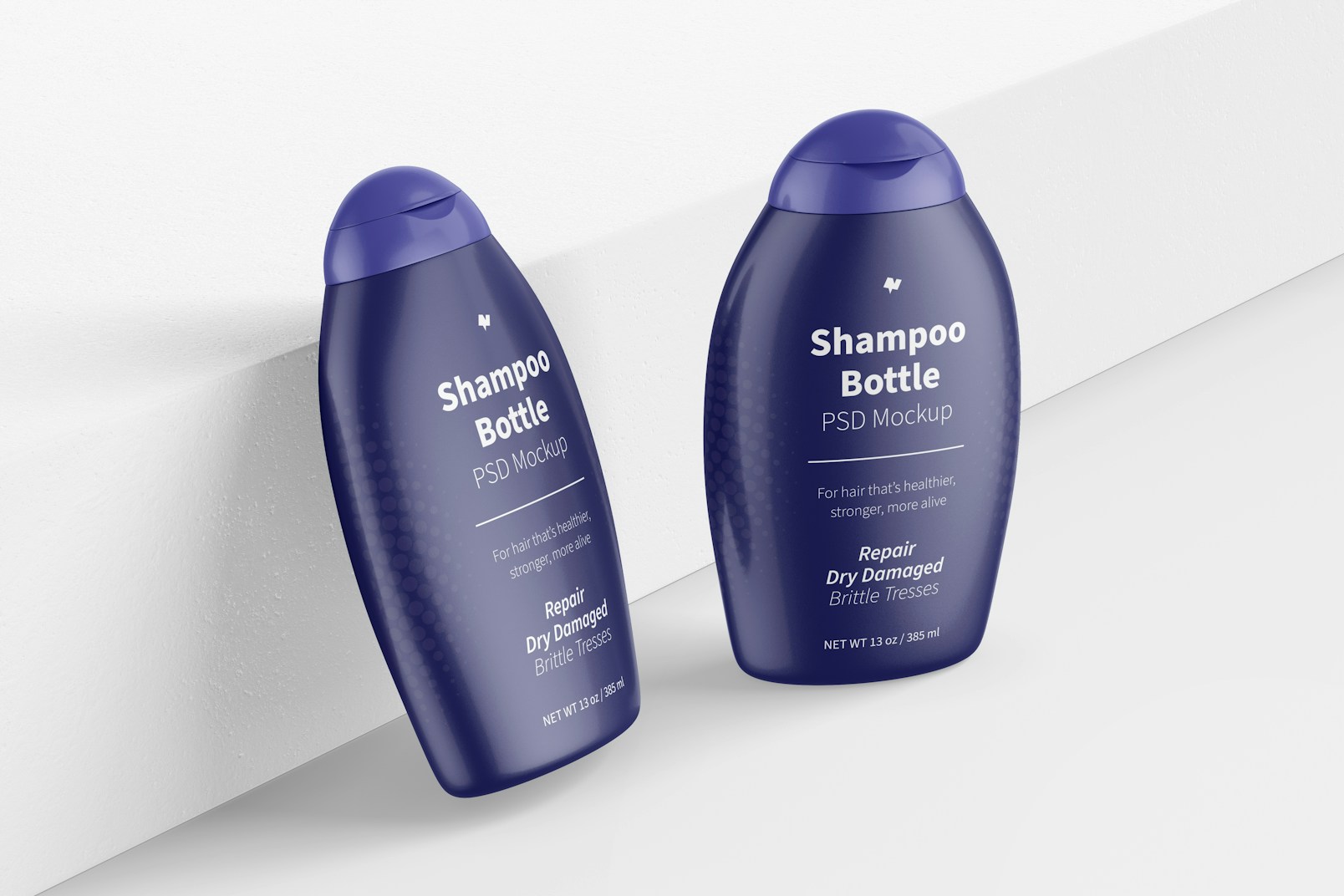 13 Oz Shampoo Bottles Mockup, Leaned and Standing