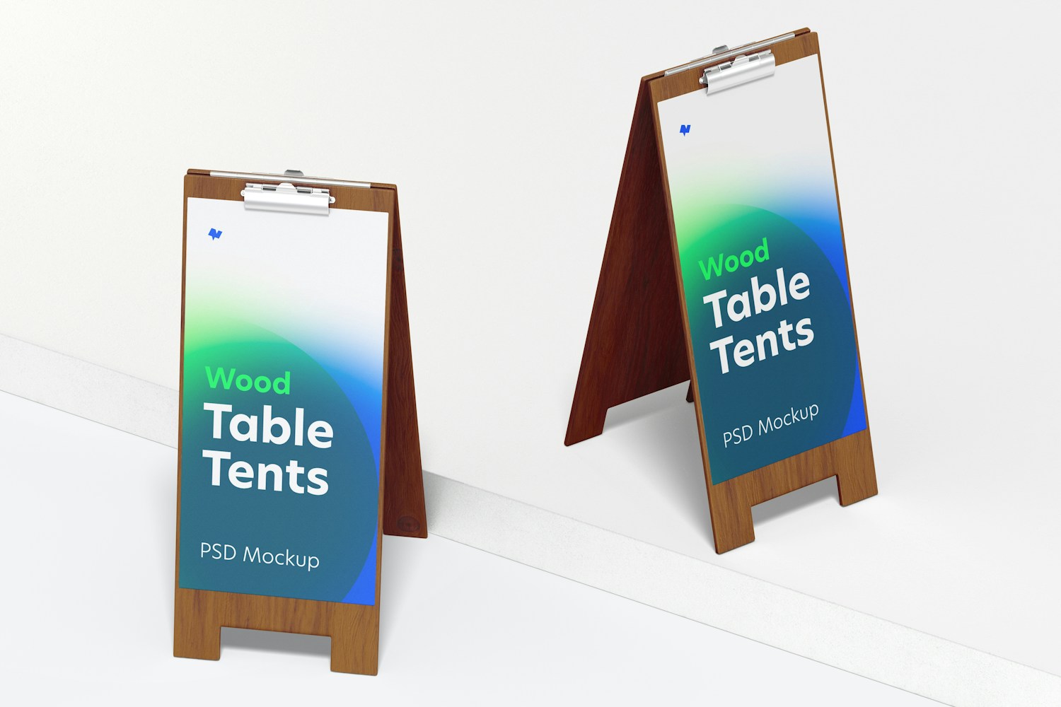 Wood Table Tents with Clip Mockup, Front View