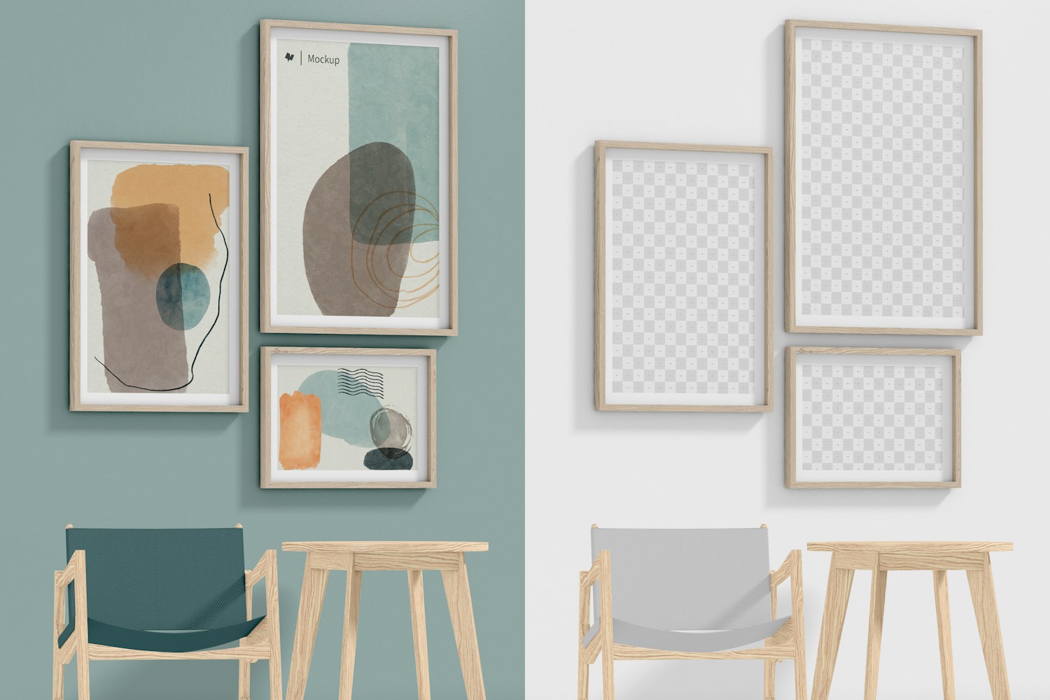 3 Gallery Frames with Rocking Chair Mockup, Perspective
