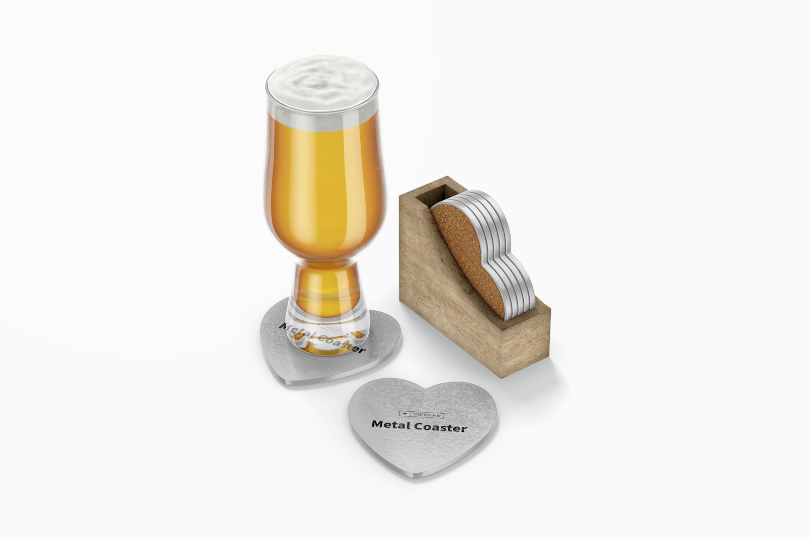 Heart Metal Coaster Mockup, with Beer Glass