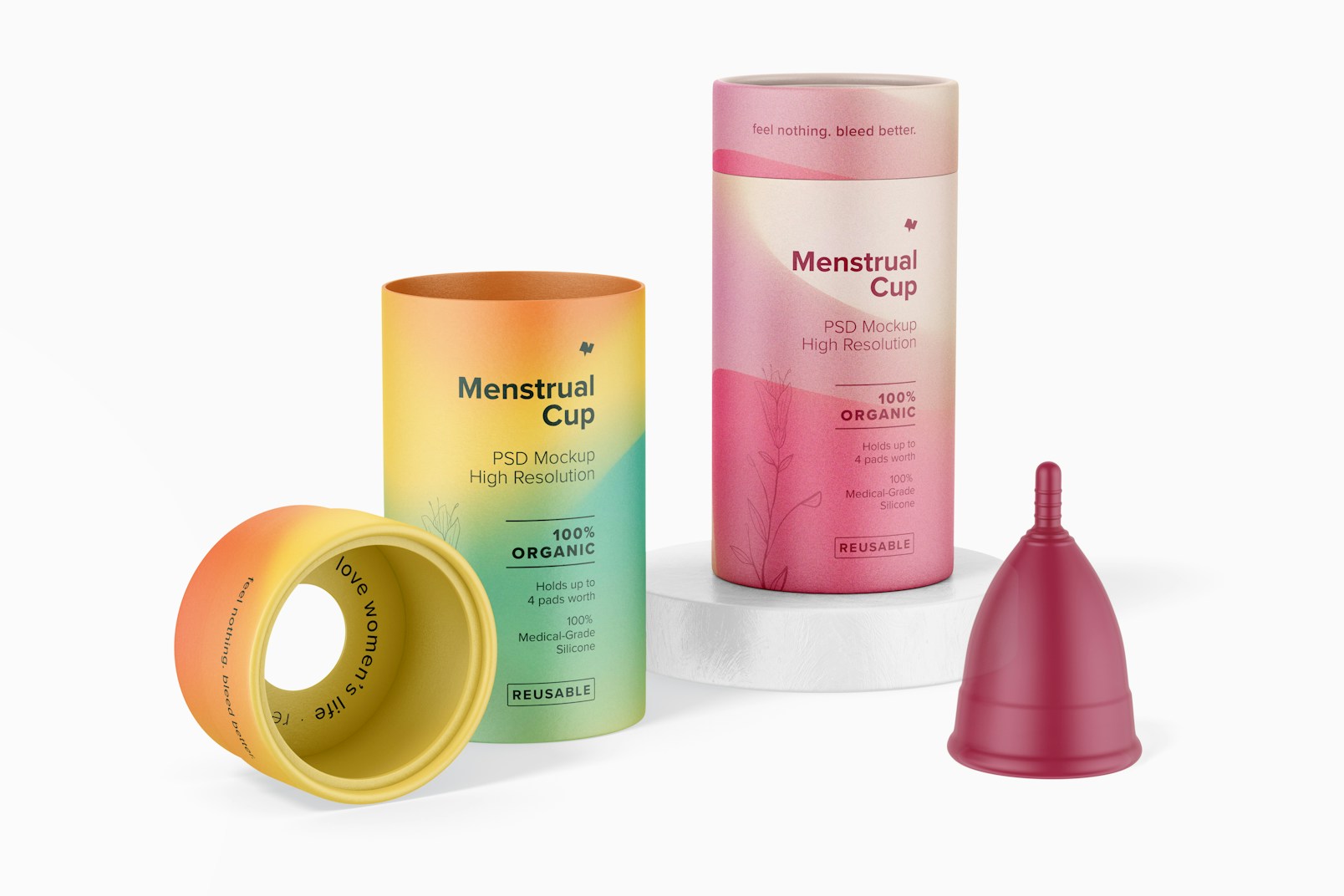 Menstrual Cup with Cardboard Packagings Mockup, Front View