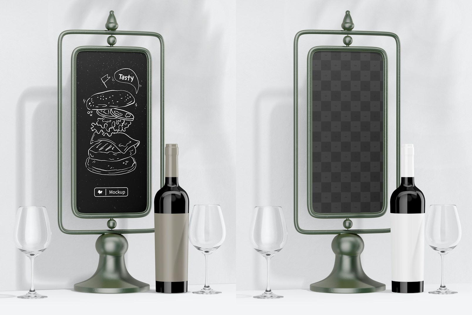 2 Sided Chalkboard on Stand with Wine Mockup