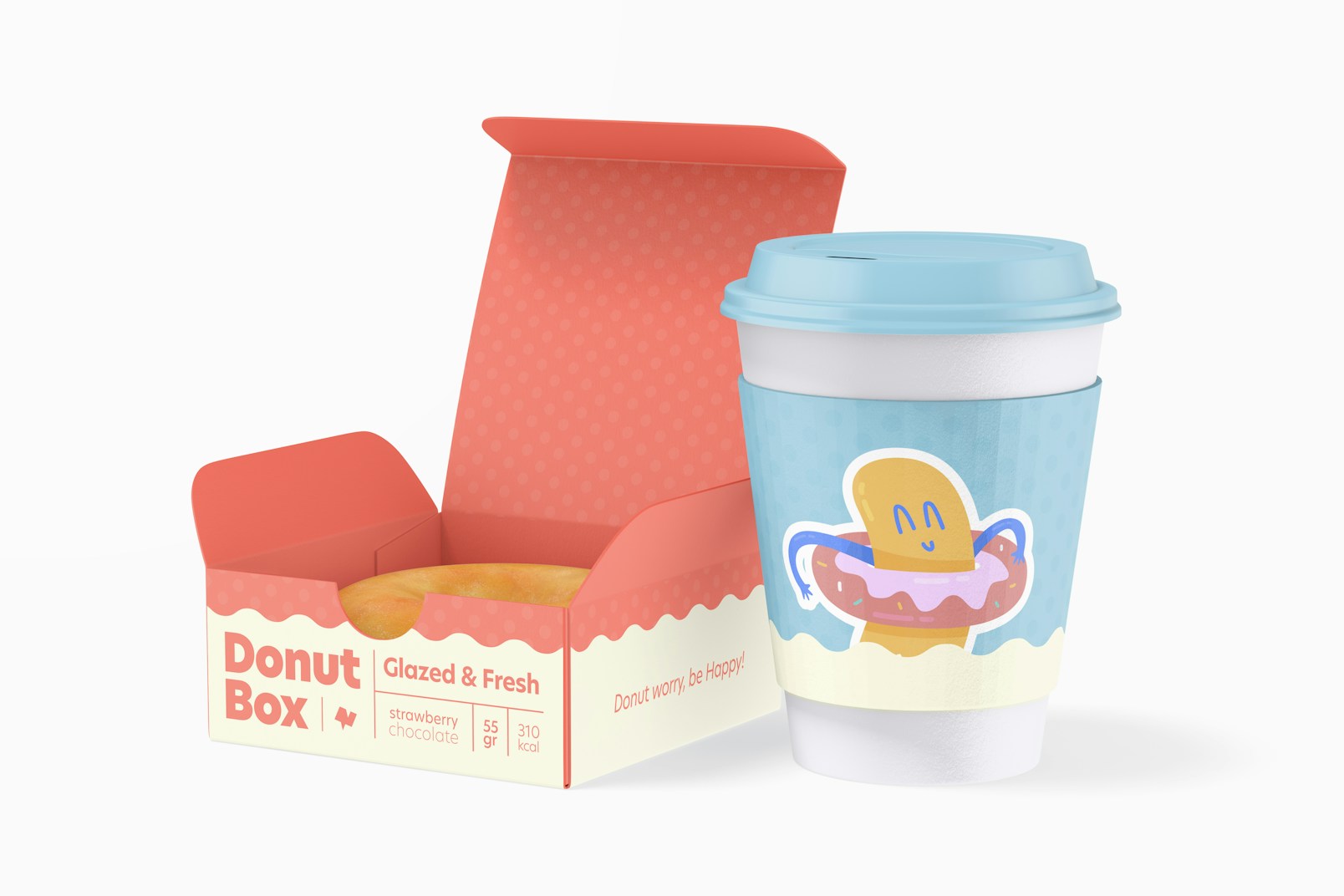 Donut Box with Hinged Lid Mockup, with Coffee Cup
