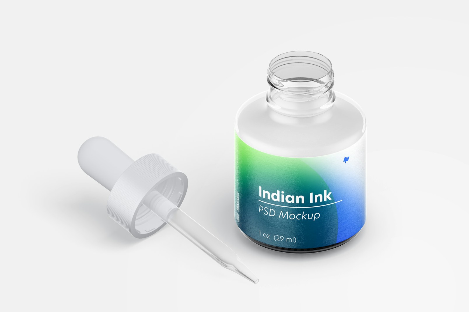 Indian Ink Bottle Mockup, Isometric Opened View