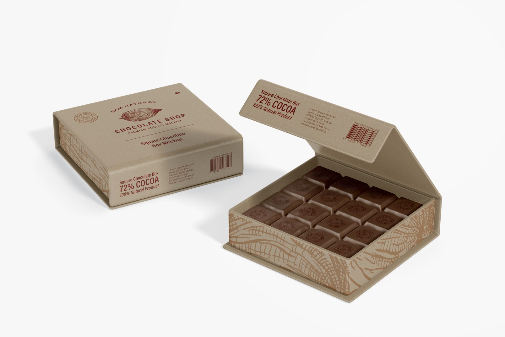 Maqueta de Caja Cuadradas para Chocolate, Abierta y Cerrada