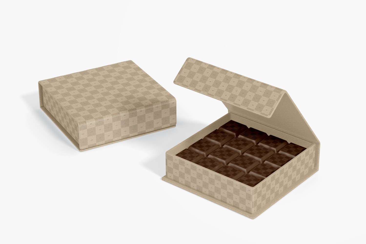 Square Chocolate Boxes Mockup, Opened and Closed