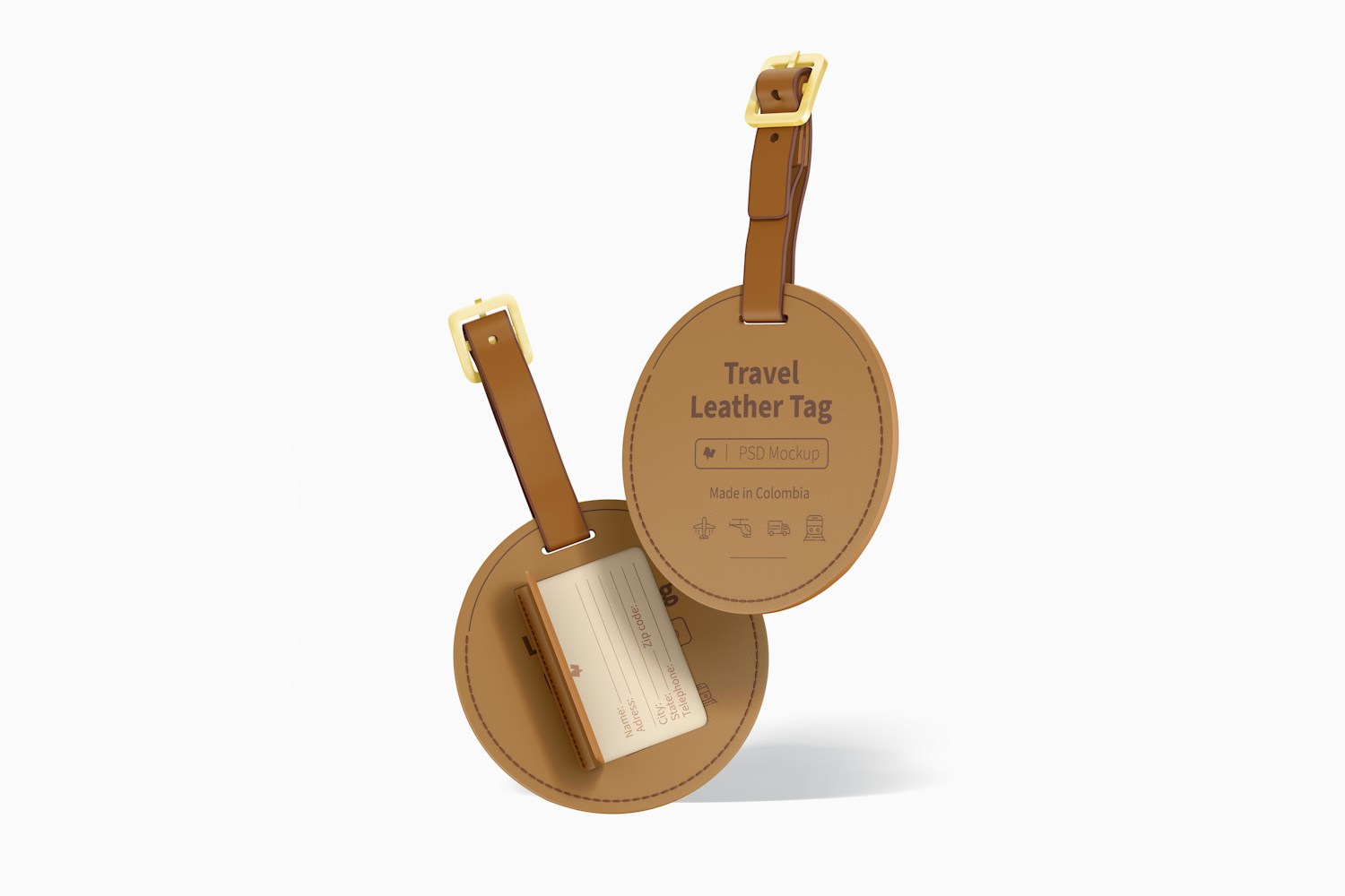 Round Travel Leather Tags Mockup, Floating