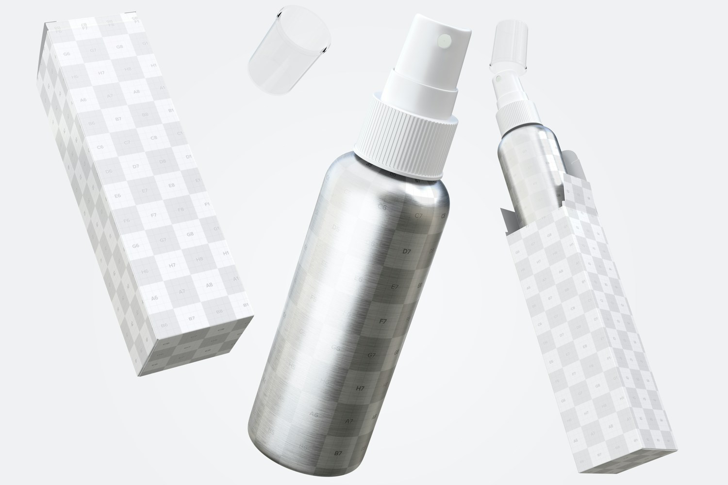 4 oz Metallic Spray Bottles Mockup with Paper Boxes, Floating