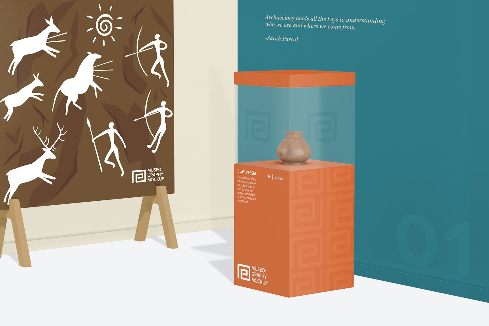 Small Museum Showcase Mockup, with Display Stand