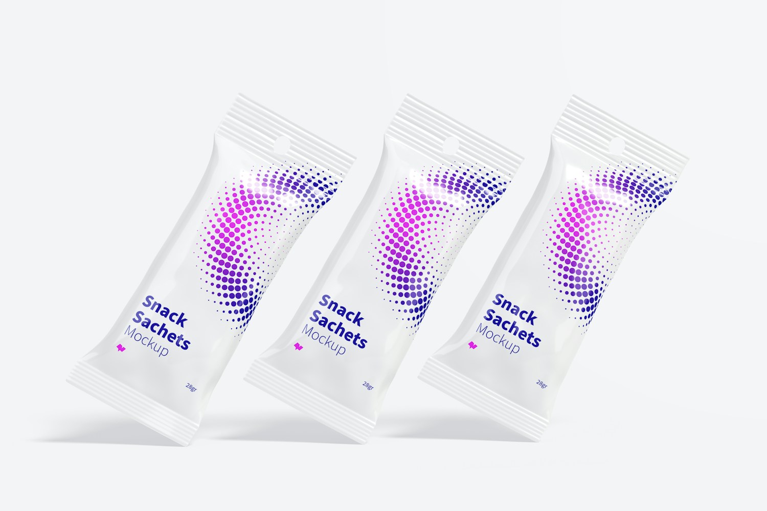 Glossy Snack Sachet Set Mockup, Front View Glossy Snack Sachet Set Mockup, Front View