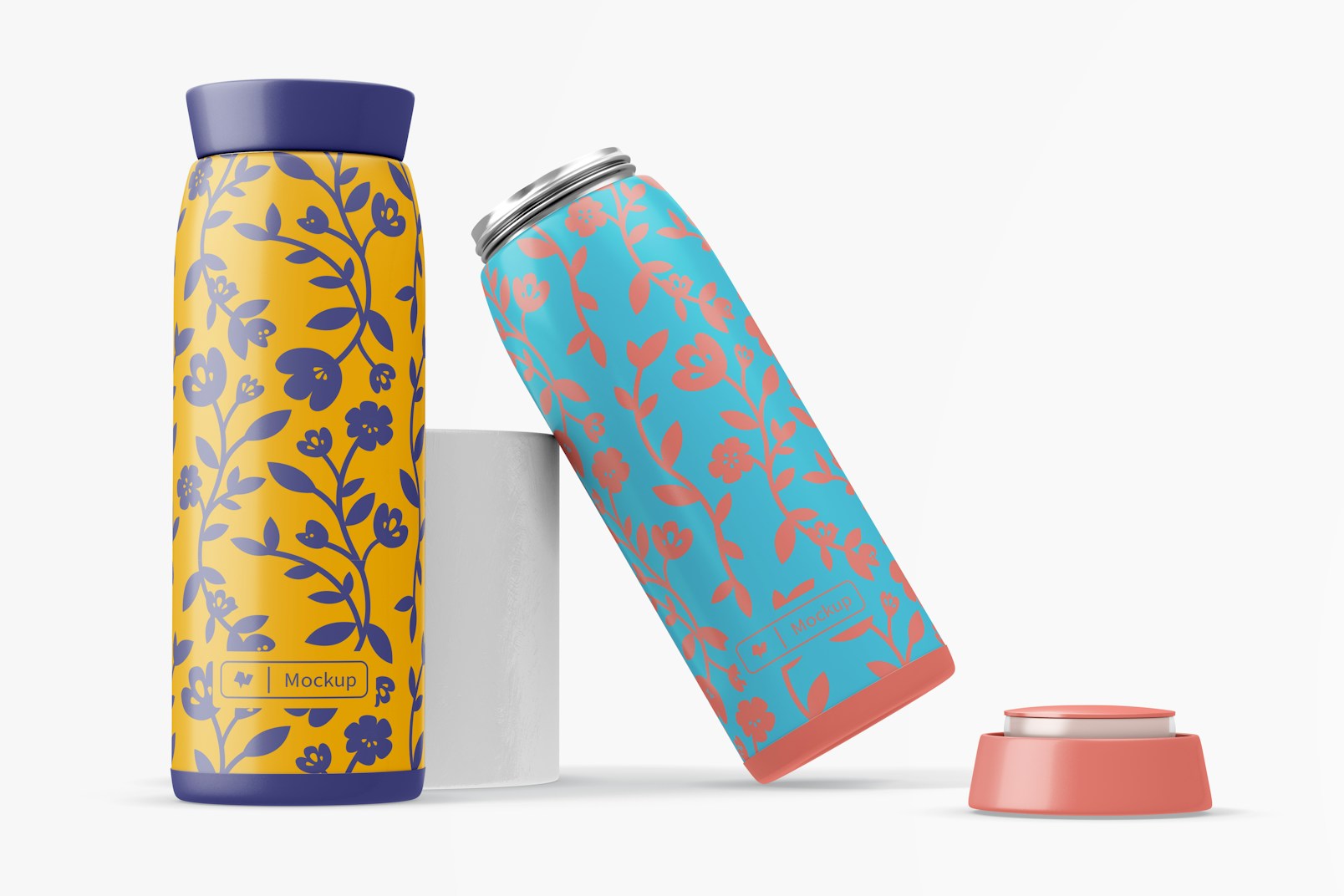 Metallic Thermos Mockup, Standing and Leaned