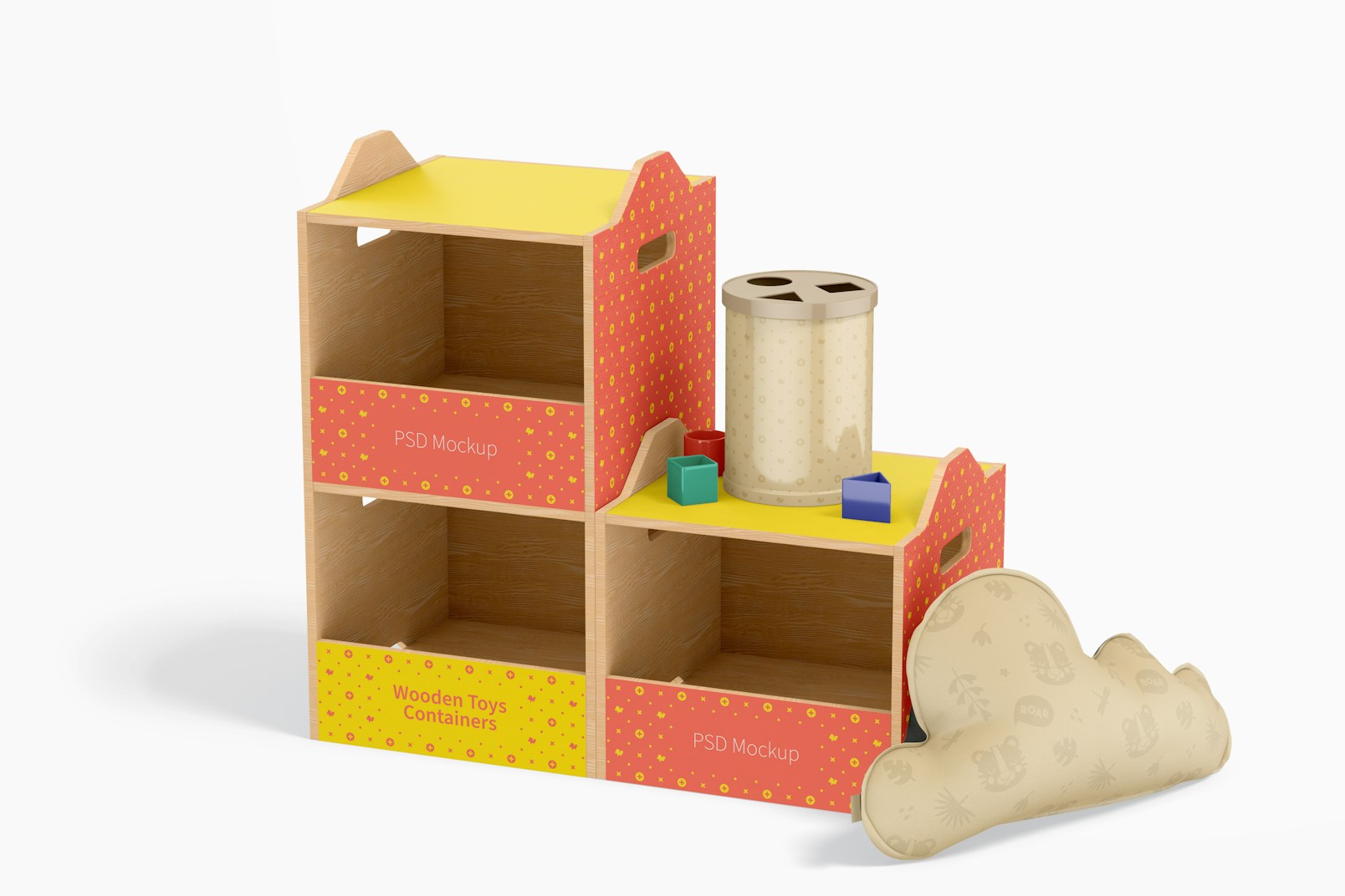 Wooden Toys Containers Mockup, Left View