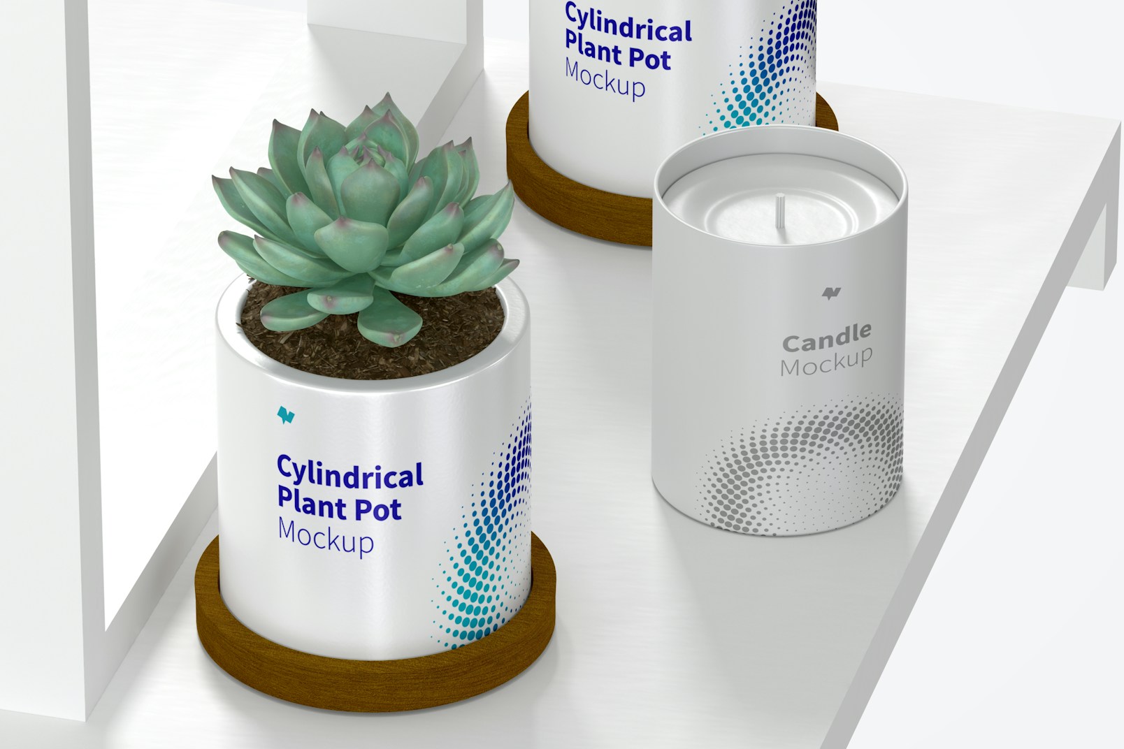 Ceramic Cylindrical Plant Pot and Candle Mockup