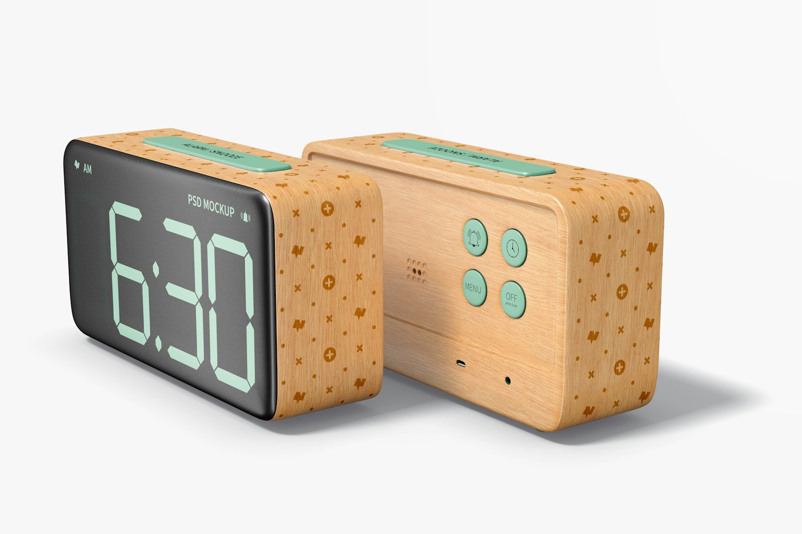 Wooden Alarm Clocks Mockup, Front and Back View