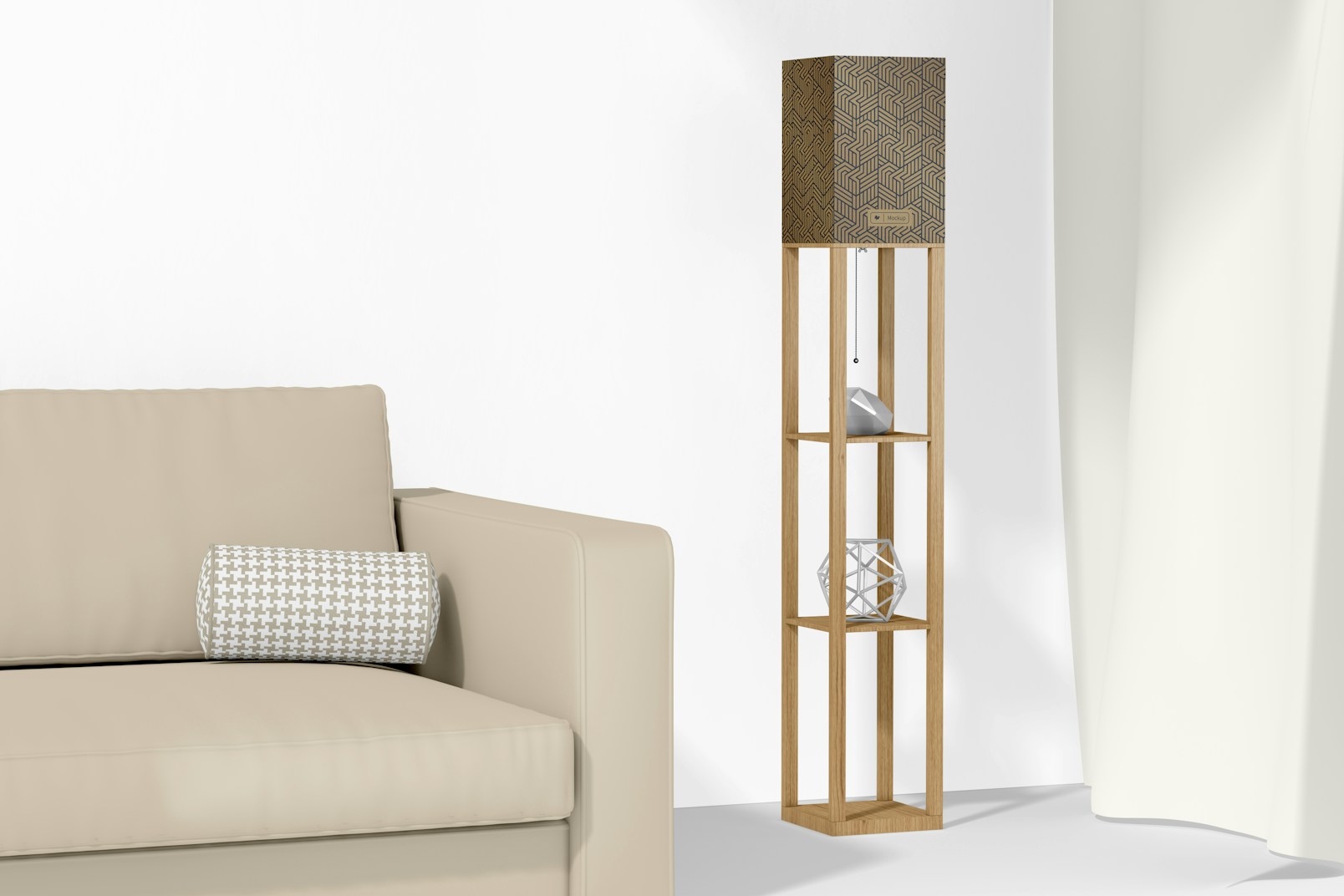 Floor Lamp with Wooden Shelves with Sofa Mockup