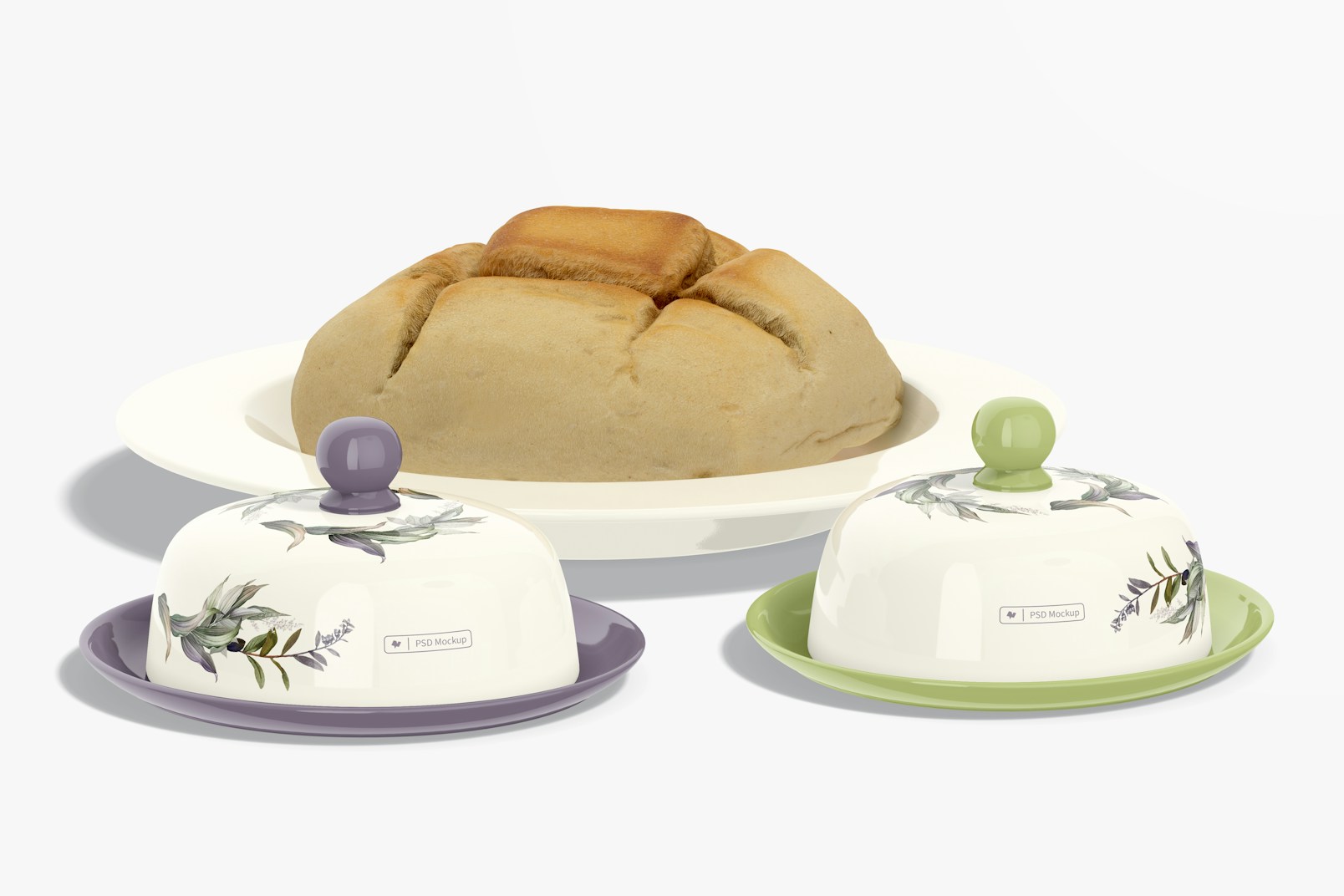 Mini Oval Butter Dishes with Lid Mockup, with Bread
