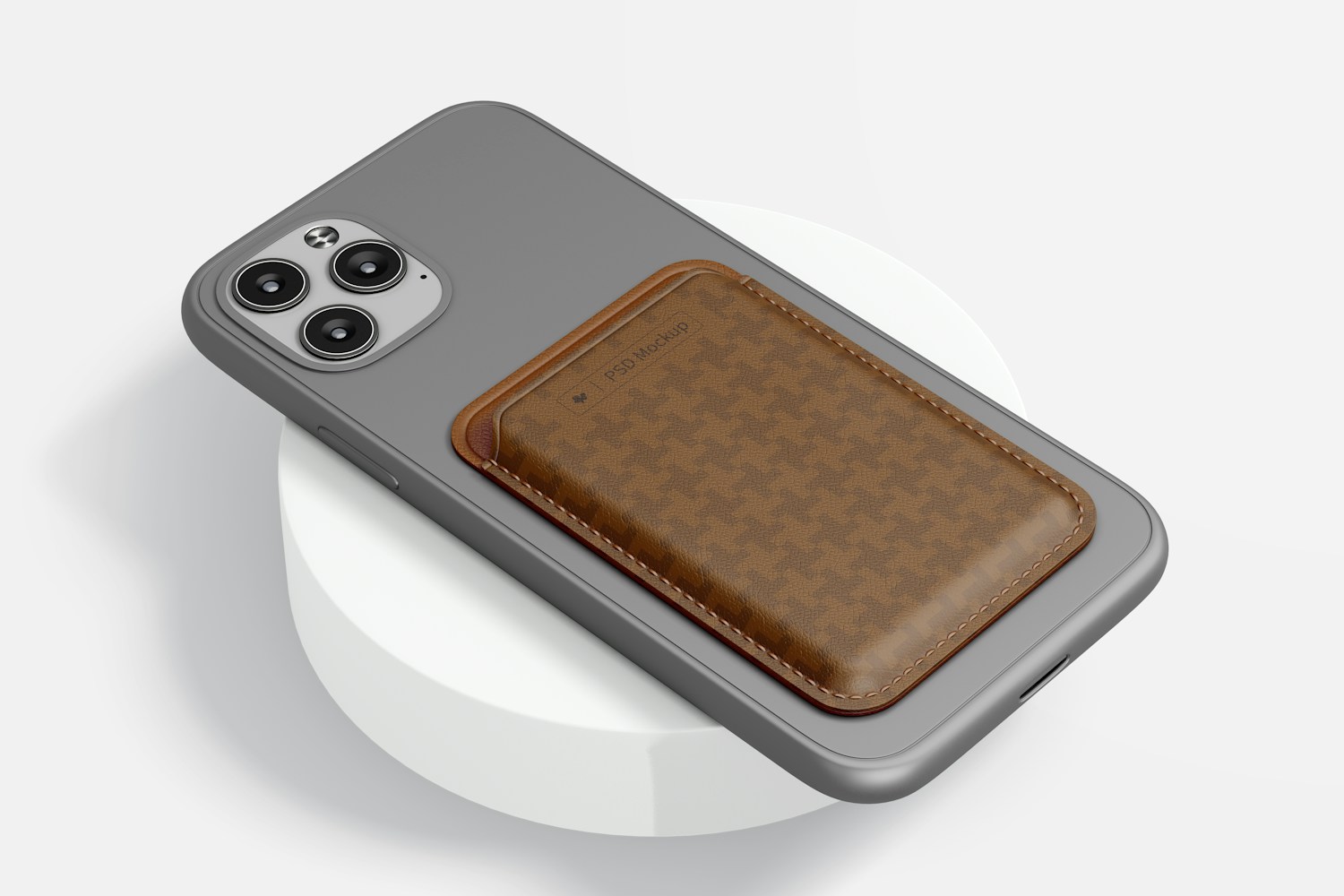 Leather Card Holder for Smartphone Mockup, on Podium Leather Card Holder for Smartphone Mockup, on Podium