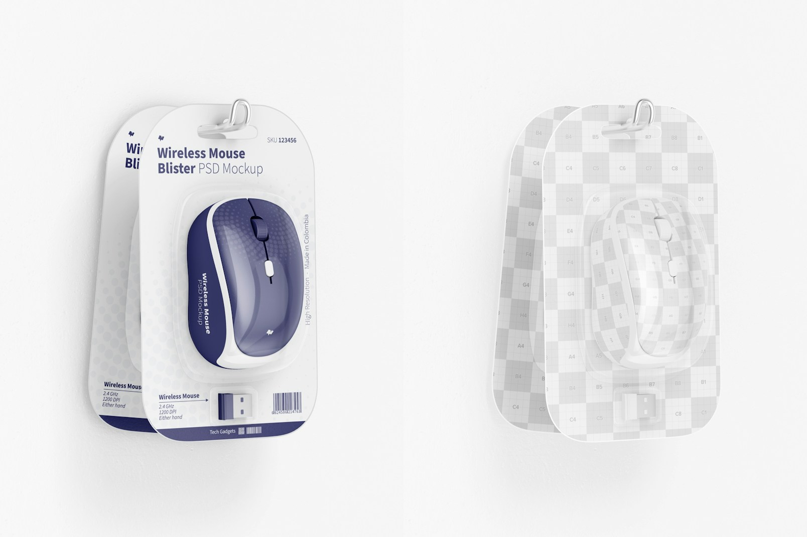 Wireless Mouse Blisters Mockup, Hanging