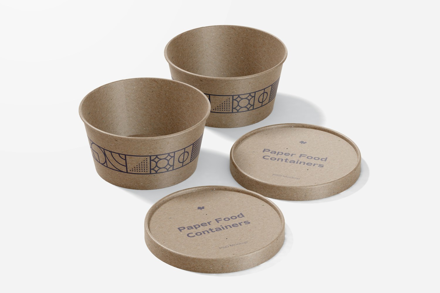 Round Paper Food Containers Mockup, Opened