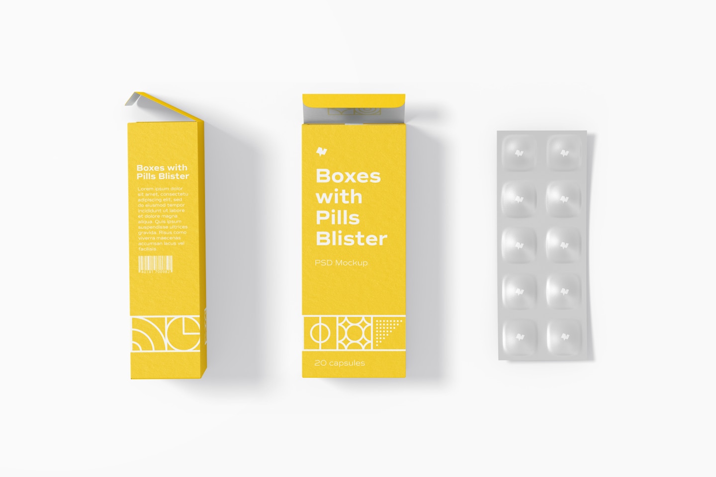 Boxes with Pills Blister Mockup, Side and Front View