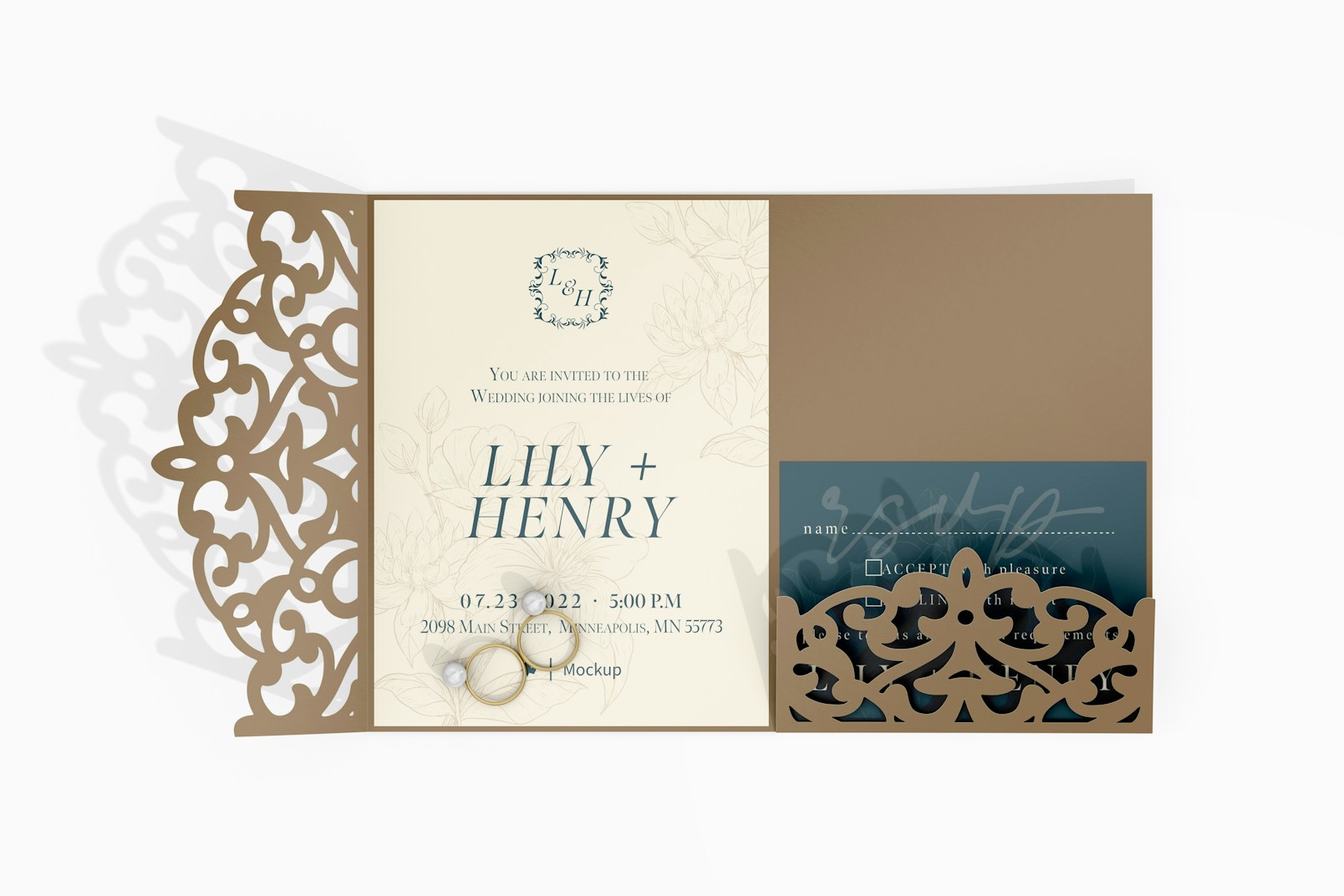 Double Invitation Card with Die Cut Mockup, Top View