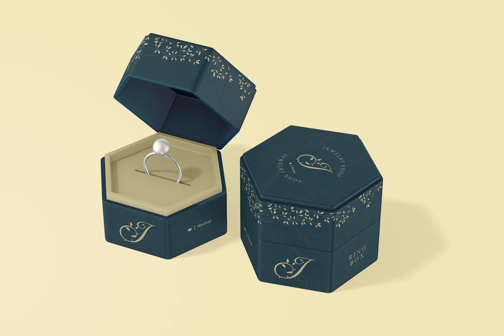 Hexagonal Ring Boxes Mockup, Opened and Closed