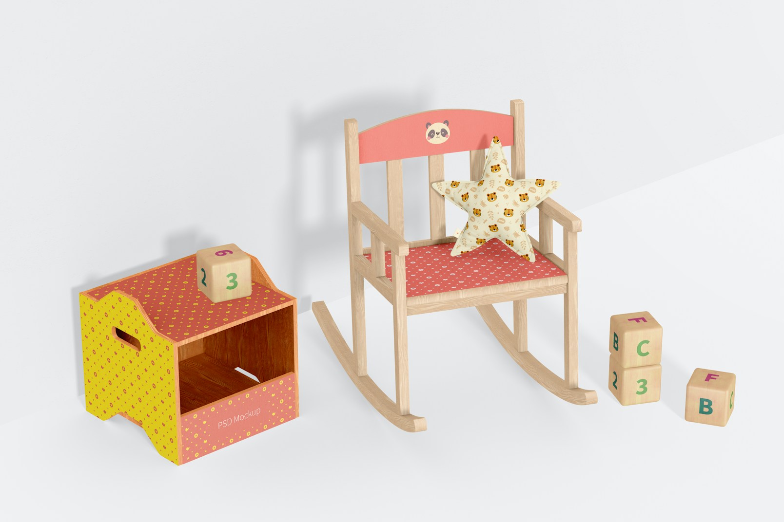Rocking Chair for Kids with Wooden Toys Container Mockup