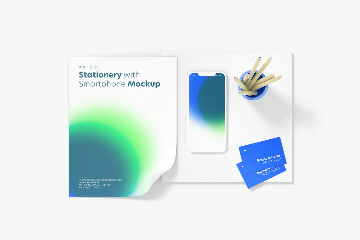 Stationery with Smartphone Mockup, Top View