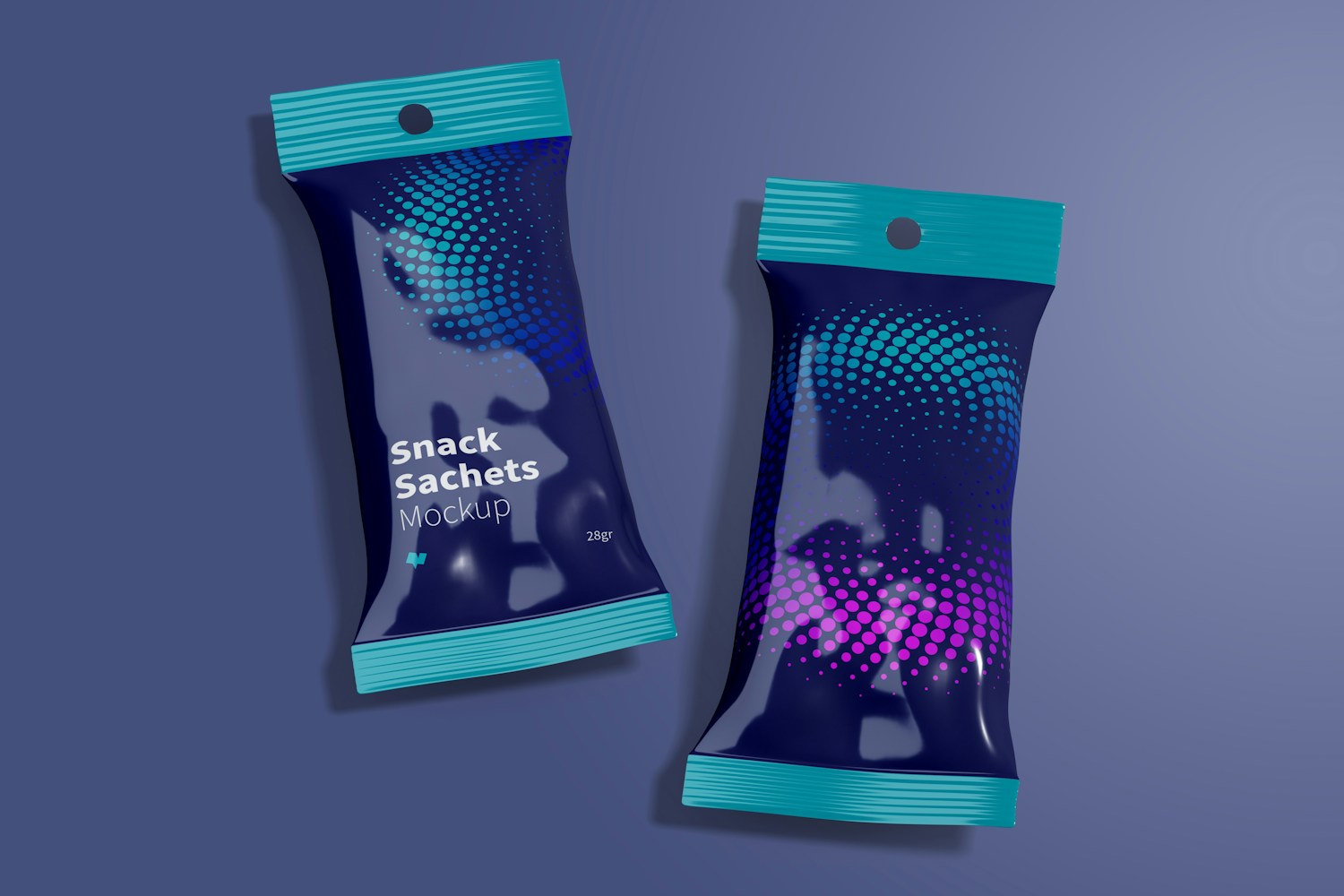 Glossy Snack Sachets Mockup, Perspective View