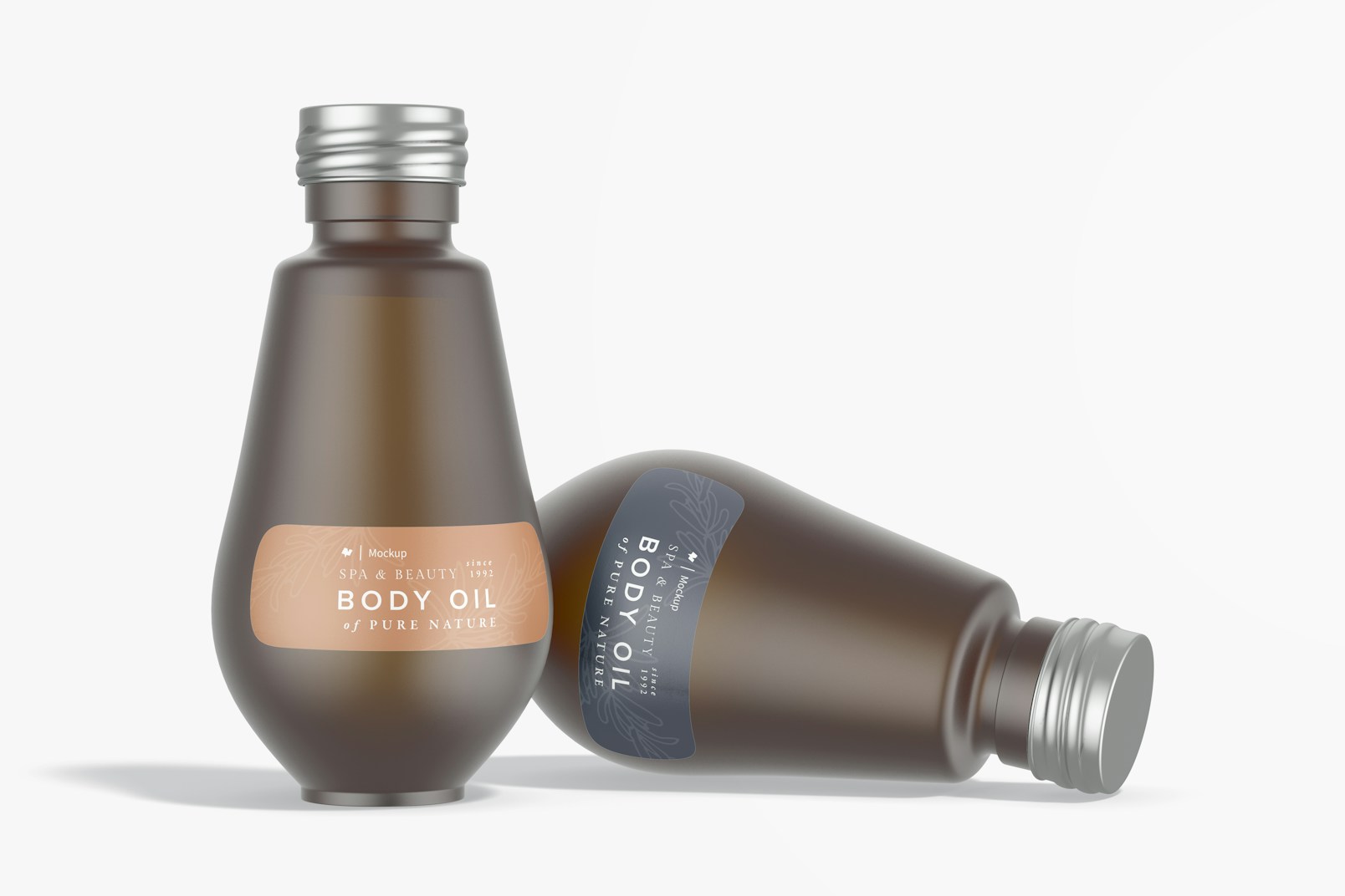 Amber Body Oil Bottles Mockup, Standing and Dropped
