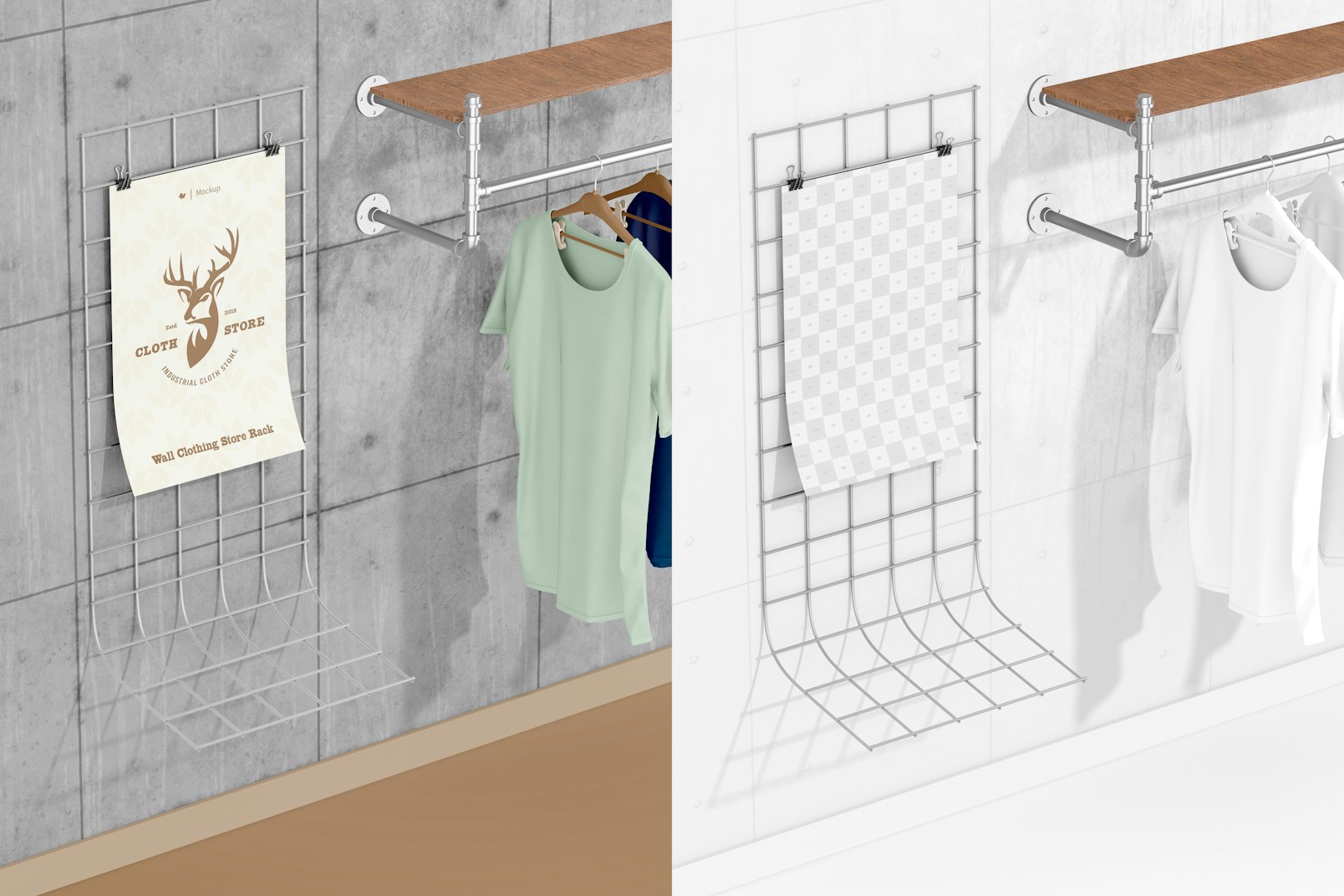 Wall Clothing Store Rack Mockup, Perspective