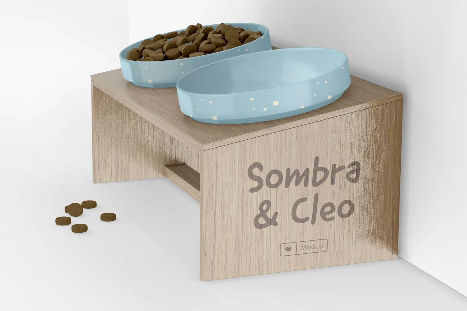 Pet Bowl Wood Holder Mockup, Perspective View Pet Bowl Wood Holder Mockup, Perspective View