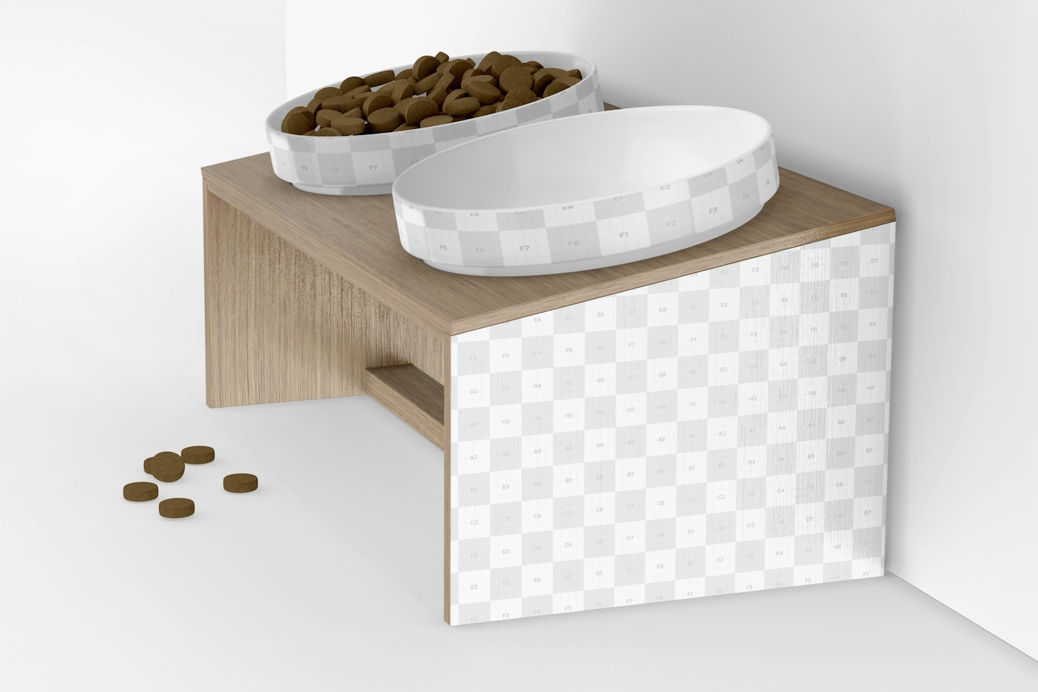 Pet Bowl Wood Holder Mockup, Perspective View Pet Bowl Wood Holder Mockup, Perspective View