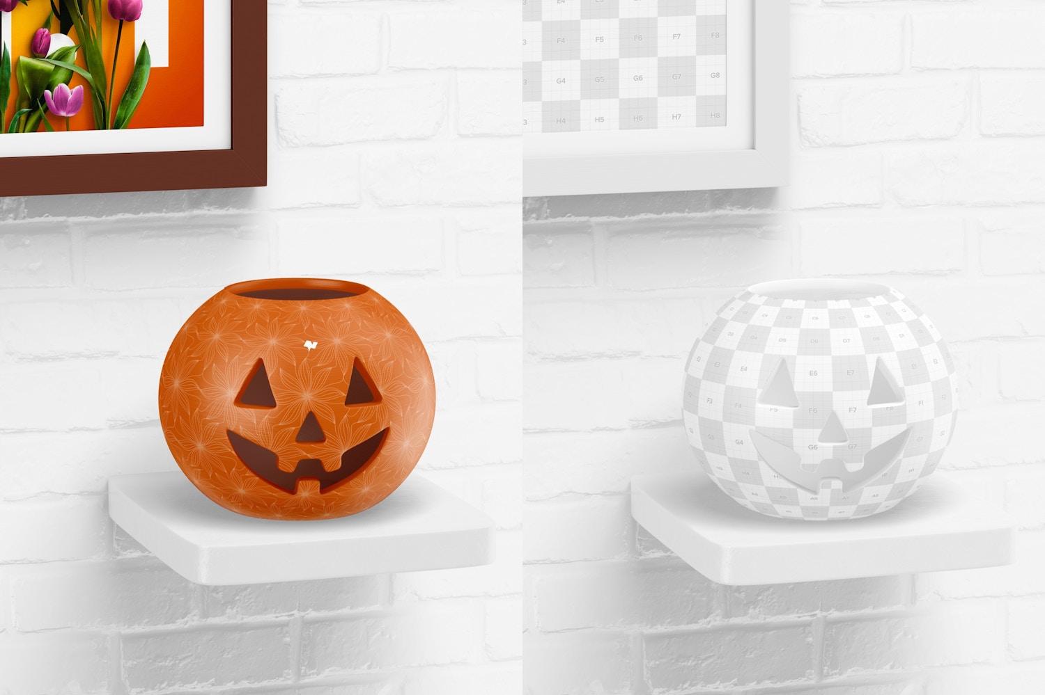 Ceramic Halloween Pumpkin Mockup, on Shelf