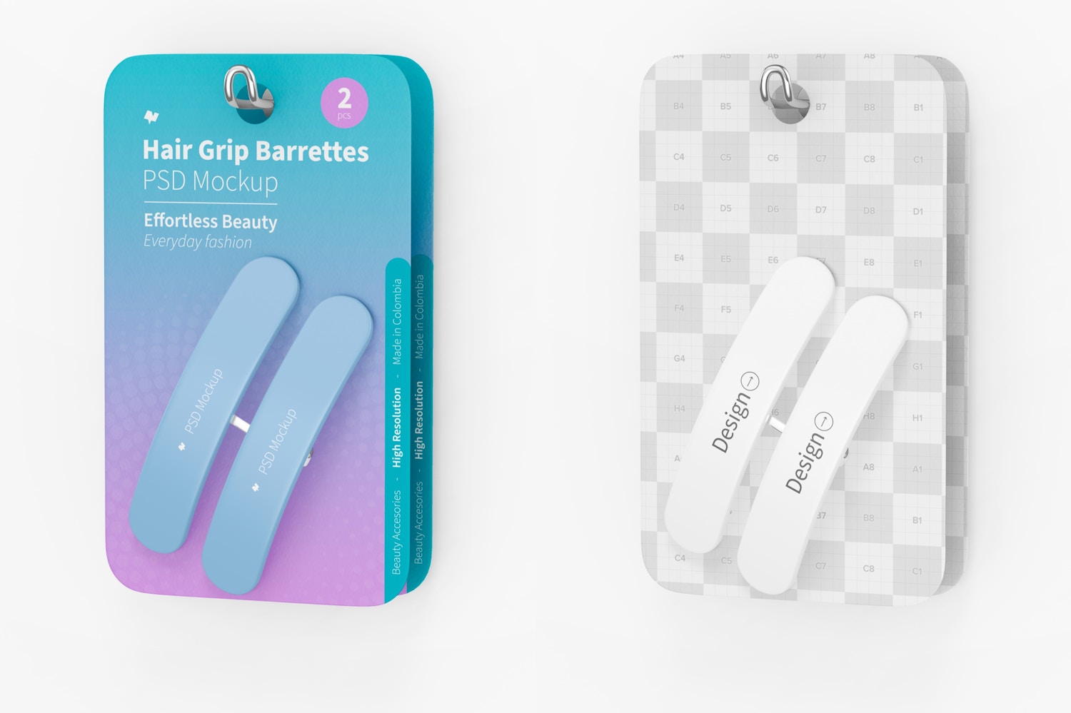 Hair Grip Barrettes Blister Mockup, Hanging Hair Grip Barrettes Blister Mockup, Hanging