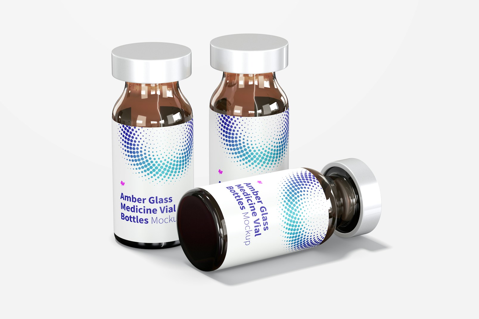 Amber Glass Medicine Vial Bottles Mockup, Dropped