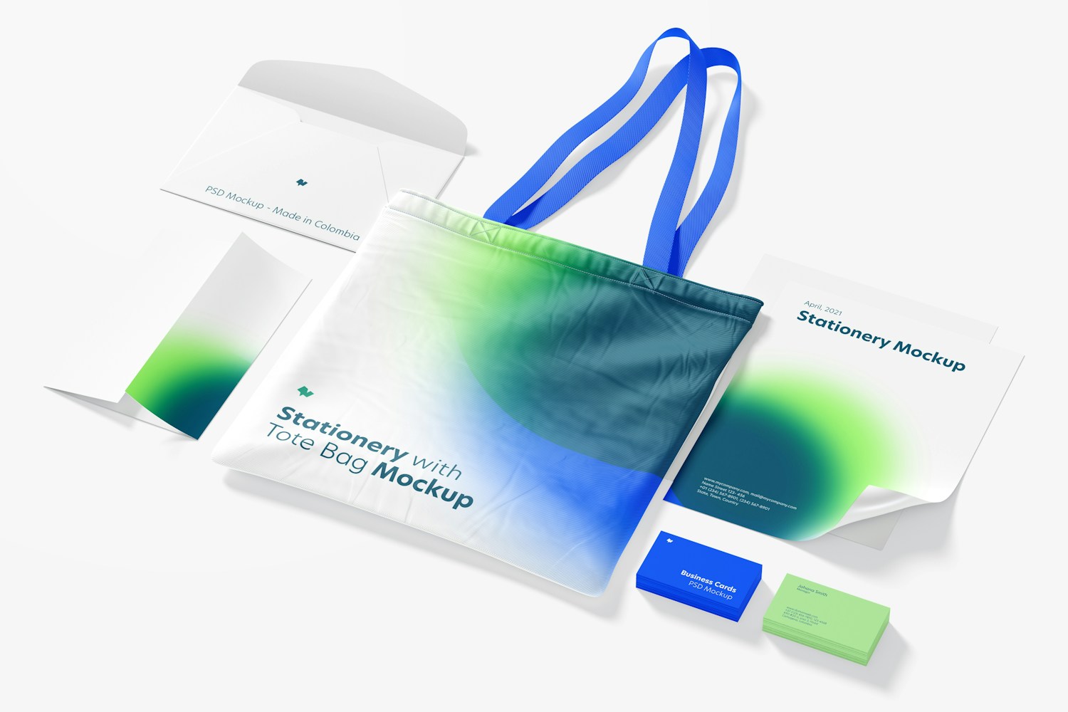 Stationery with Tote Bag Mockup, Perspective View