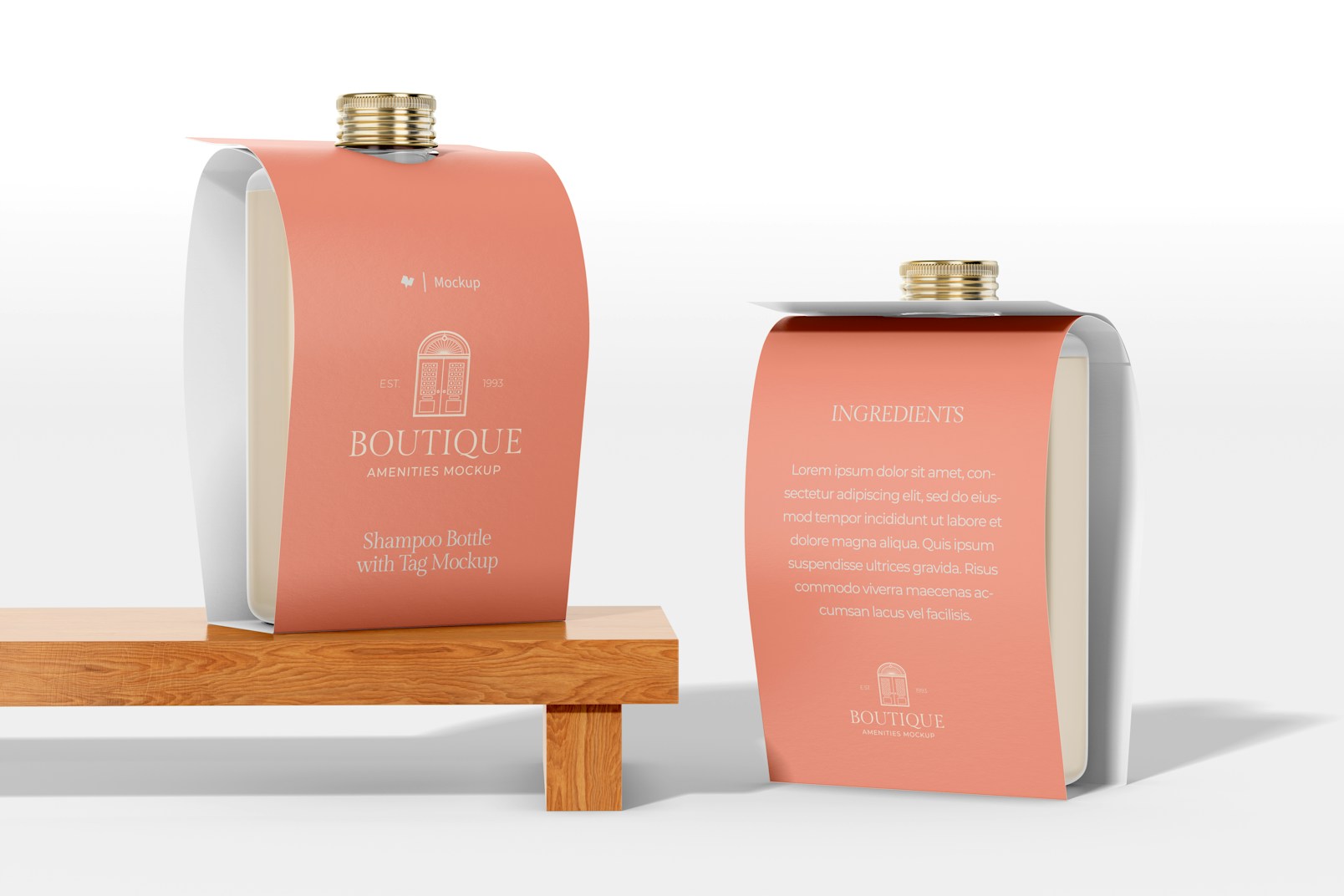 Shampoo Bottle with Tags Mockup, Front and Back View