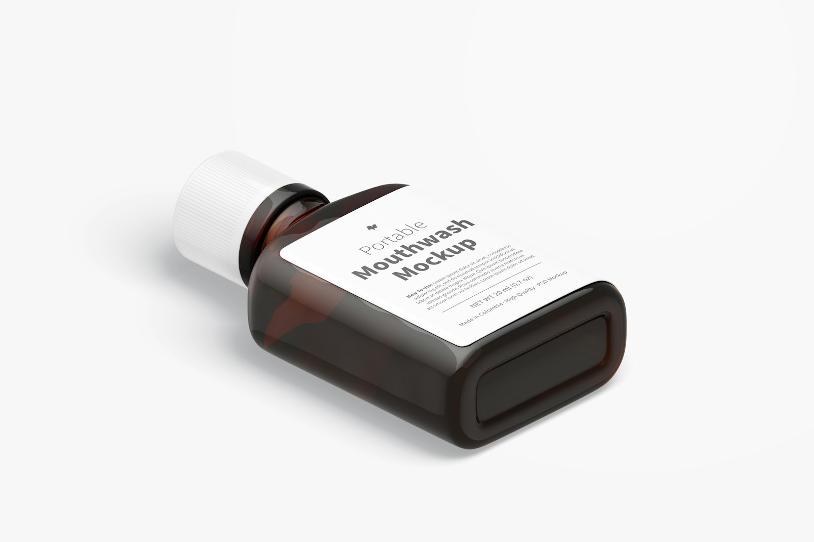 Portable Mouthwash with Label Mockup, Isometric Left View