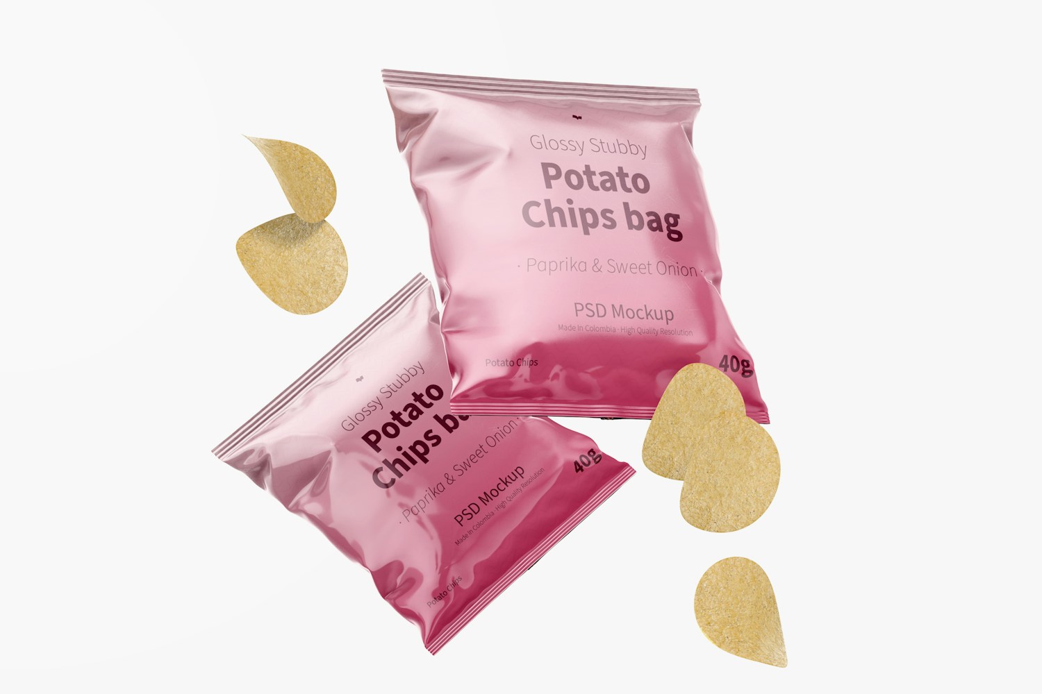 Glossy Stubby Chips Bag Mockup, Floating